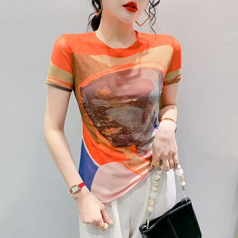 

Летняя облегающая футболка с круглым вырезом в западном стиле, Европейская Женская футболка с коротким рукавом и цветочным позиционированием, Маленькая женская рубашка