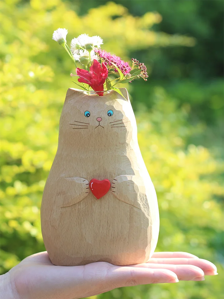 

Cat vase wood carving log healing small decoration Japanese hand made creative desktop office decoration