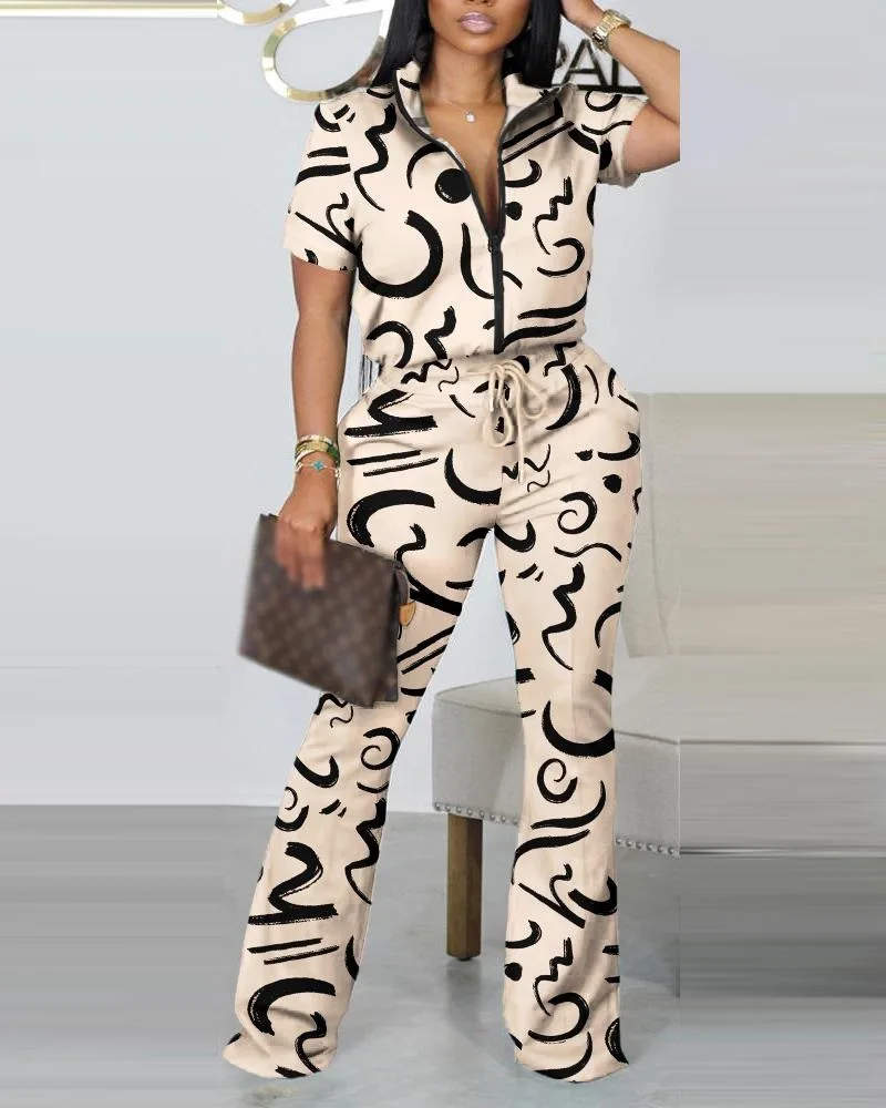 

Spring Summer of 2023 Fashion Print Two Piece Set Women Casual Sports Style Zipper Top Sweatpants Two Piece Set Women