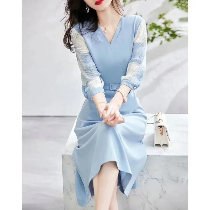 

Женское шифоновое платье с принтом, облегающее офисное платье с V-образным вырезом и рукавом 2023, весна 7/10