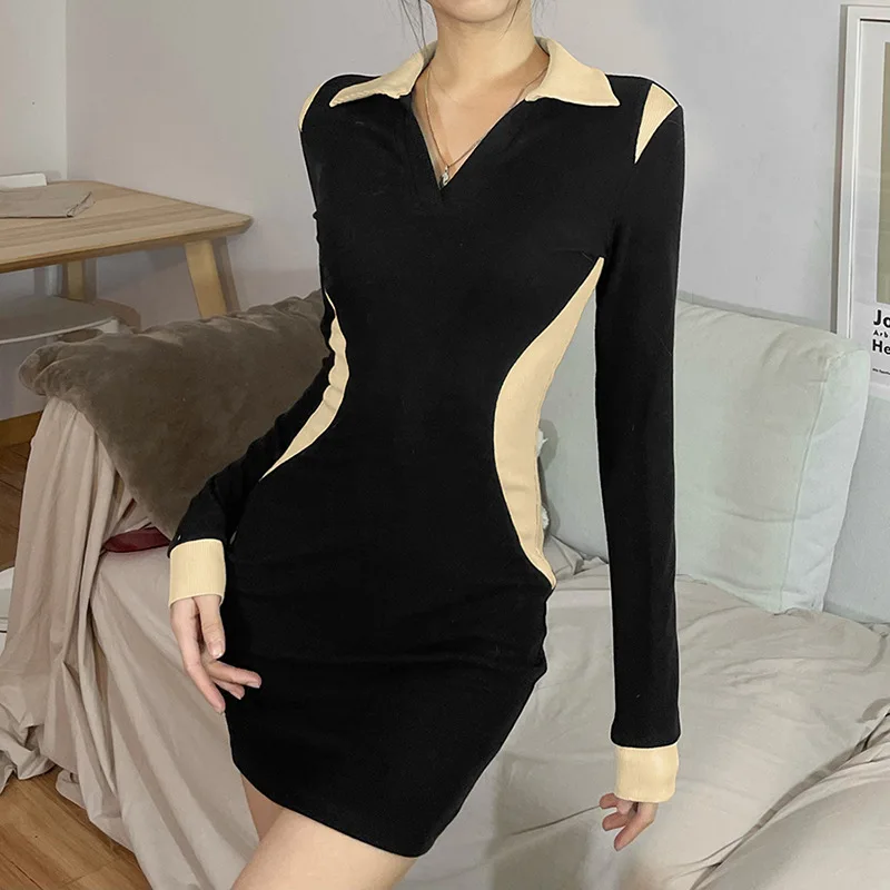 

High Waist Turndown Collar Long Sleeve Women Mini Dress 2022 New Spring Sexy Solid Splicing Slim Club Party Female Evening Dress
