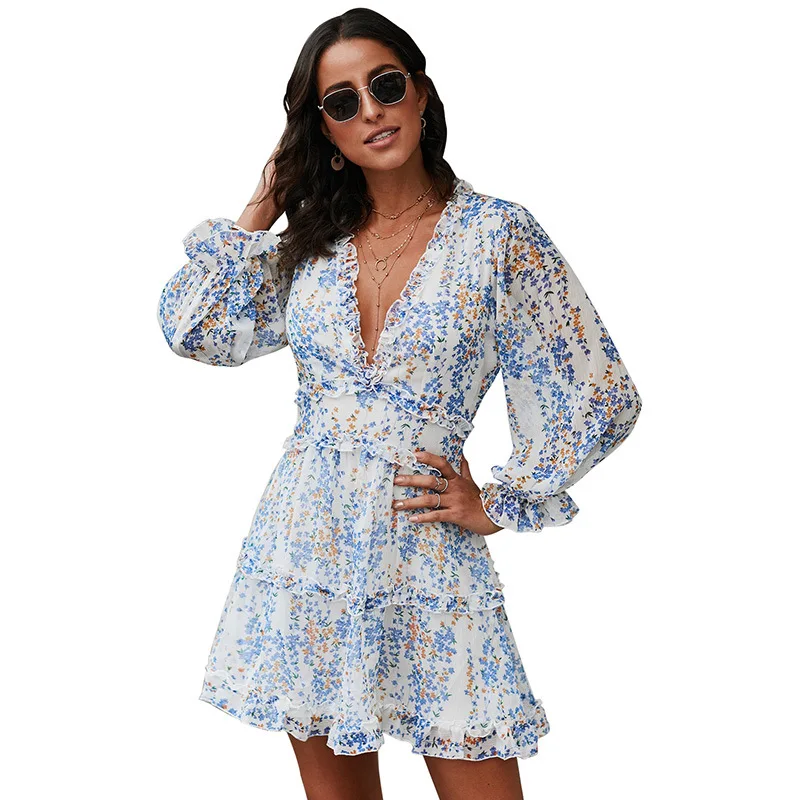 

Womens Spring Summer Deep V Neck Ruffle Long Sleeve Floral Print Mini Dress