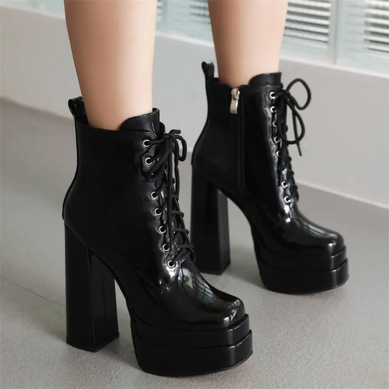 Women Ankle Boots 2022 Designer Luxury Lace Up Platform High Heels Elegant Women Shoes Sexy Chunky Heel Lady Low Barrel Boots
