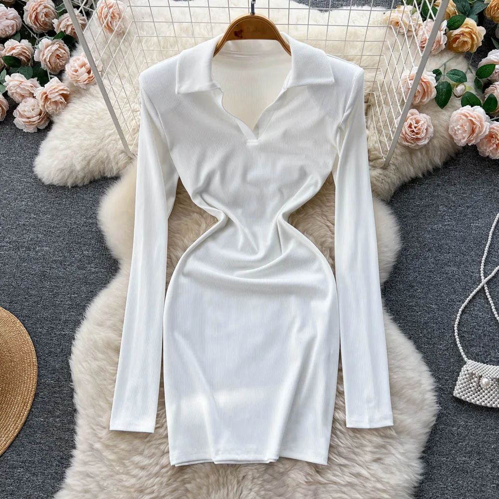 

Autumn New French Lapels Slim Waist Sexy Mid-length Package Hip Solid Color Dress