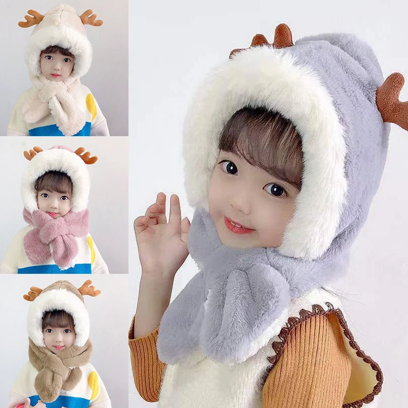 

Deer Antlers Children Hat Scarf One Piece Winter Warm Soft Plush Protect Neck Ear Hats Baby Boy Girl Windproof Cap Beanies