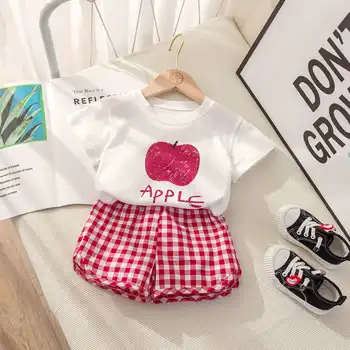 Red Apple Short Sleeved Suits Summer Baby Girls Clothes 2022 New Kids 2 Piece Set Cotton Toddler Plaid Shorts Set Clothing 9m-4y 1