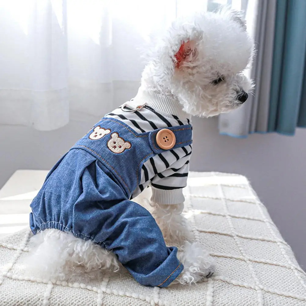 

Ring Wear Jumpsuit Adorable Daily Dog Pet Pet Traction Overall Denim Round Cat Cartoon Pattern With Bear Neck