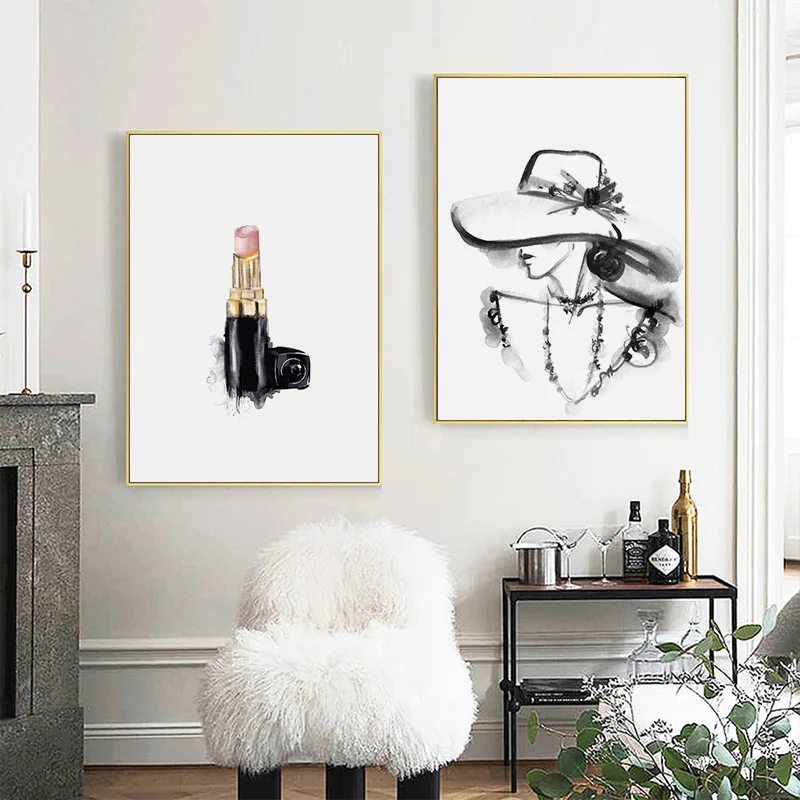 Модная женская картина для макияжа холст розовое платье парфюм помада плакат и