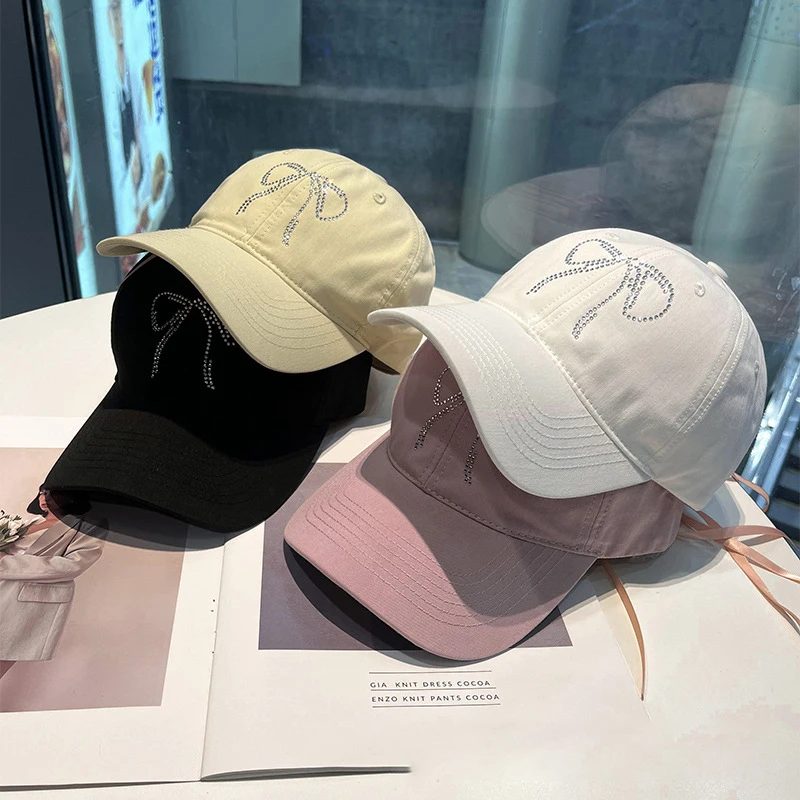 Diamond bow baseball cap children's fashionable long ribbon soft top duckbill Korean version face enhancing small sun sha