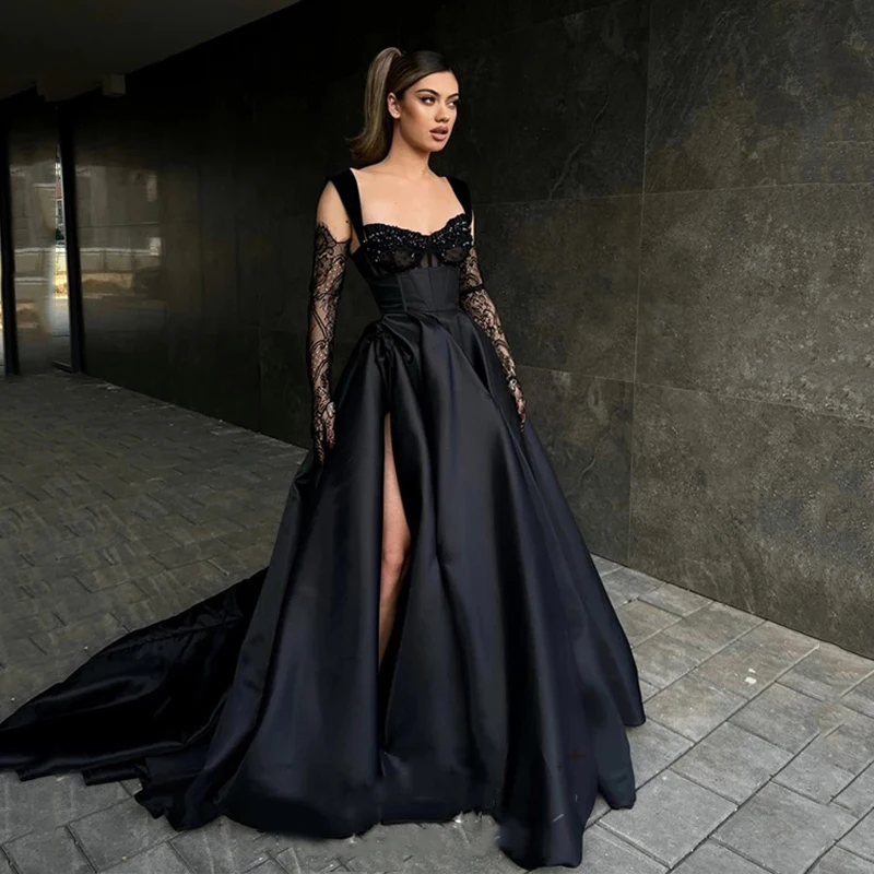 

Black A-line Sweetheart Evening Dress Elegant Silk Satin Prom Dress Sweep Tail فستان سهرة Sweet Spaghetti Strap Party Dresses