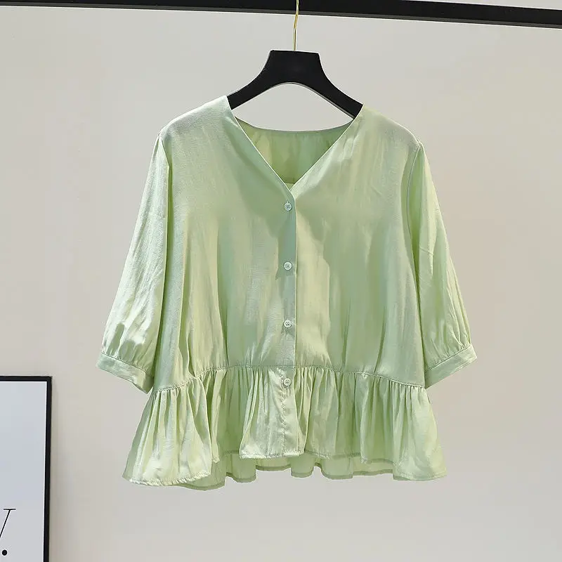 

Spring/summer New V-neck Waist Button Up Shirts Female Korean Fashion Loose Ruffled Women T-shirt