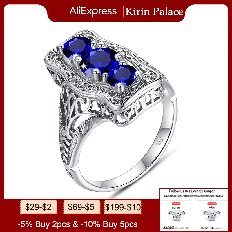 

Kirin Palace Created Blue Sapphire 925 Sterling Silver 3 Stones Promise Ring for Women Fashion Gemstone Jewelry Wedding Gift