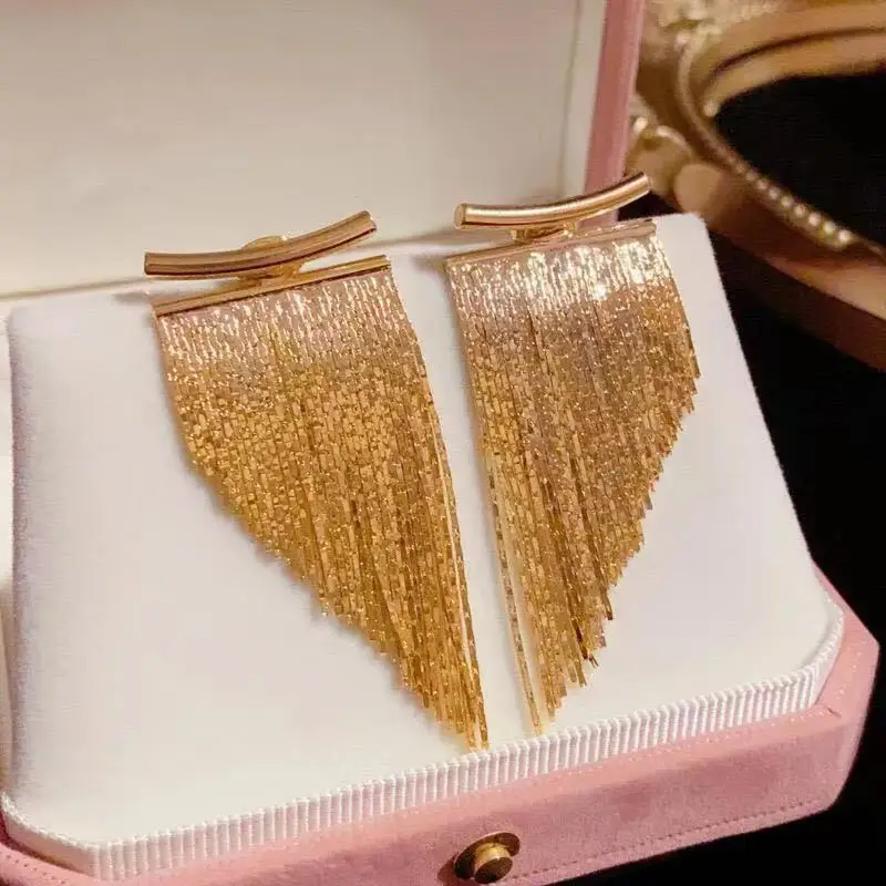 

18K Gold Plated Geometric Square Stud Tassel Chain Pendant Drop Earrings