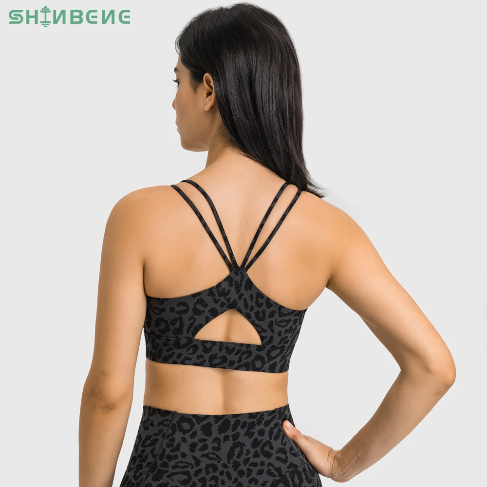 SHINBENE Double Strap Leopard Printed Sports Bras Workout Tops Ladies Strappy Back Open Gym Fitness Yoga Bralette with Padded