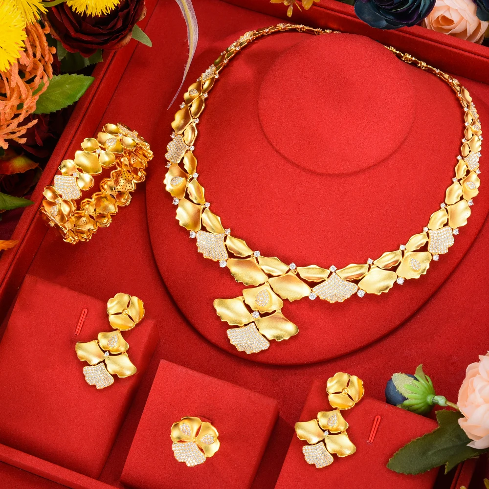 

GODKI новый цветок кленовый лист роскошный 4 шт Африканский Дубай набор украшений для женщин Свадебная вечеринка кубический циркон индийский ...