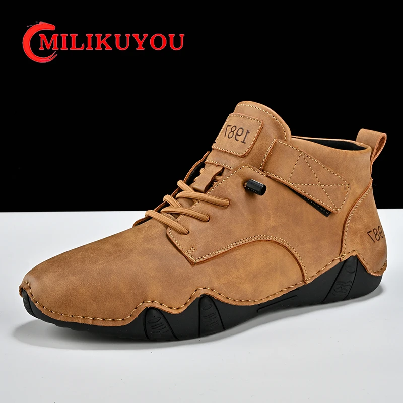 Прошитые кожаные мужские ботинки ручной работы брендовые Повседневные слипоны