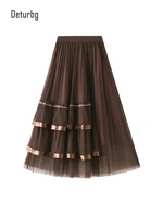 womens sweet layered mesh long skirts with rhinestone high waist ruffled ribbon binding pleated tiered skirt 2022 spring k32