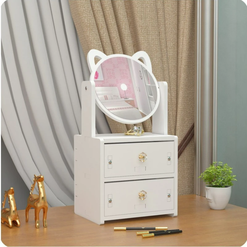 

Cat Ears Makeup Mirror Desktop Cosmetics Organizer Wood Plastic Drawer Type Cosmetic Storage Box Women's Dressing Mirror Shelf