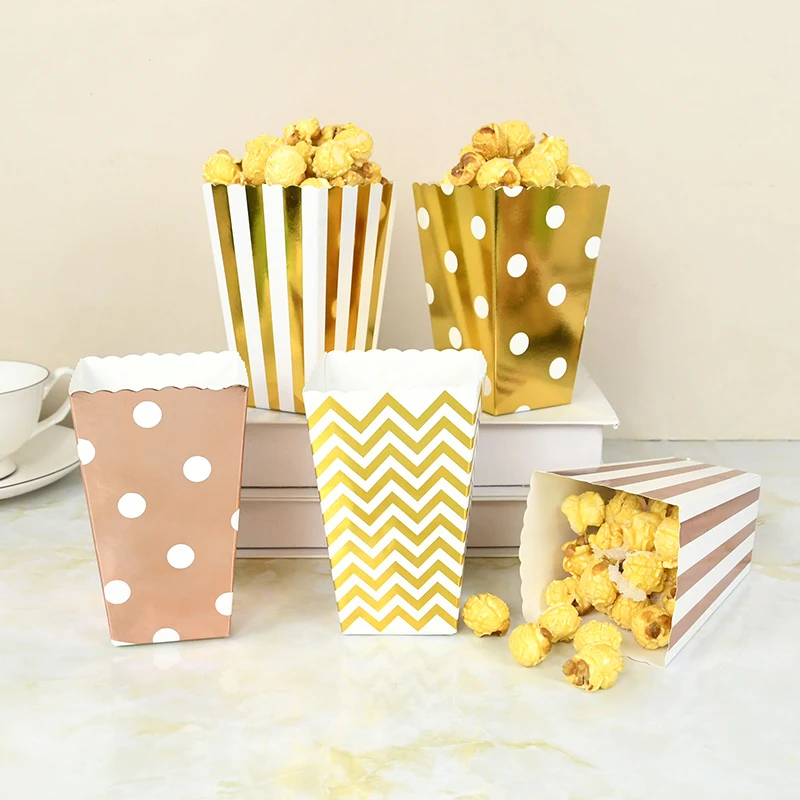 

6/12pcs Popcorn Boxes Rose Gold Paper Snack Treat Box Birthday Baby Shower Party Favors Candy Cookie Container Decoration Supply