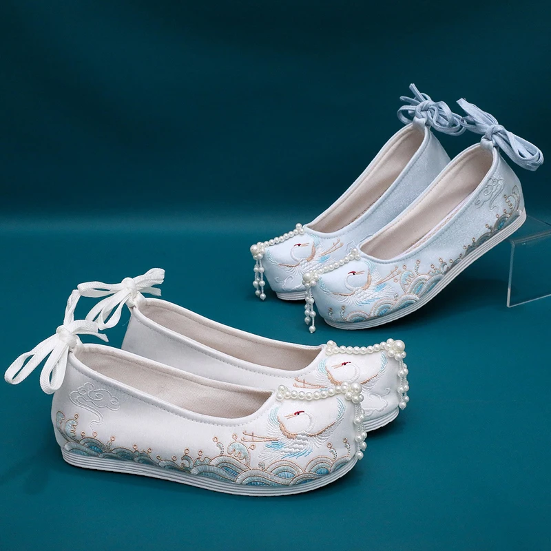 

Pointed Toe Ancient Women Hidden Heels Wedge Shoes Chinese Traditional Slip-on Hanfu Pearl Tassels Oriental Embroidery Waves