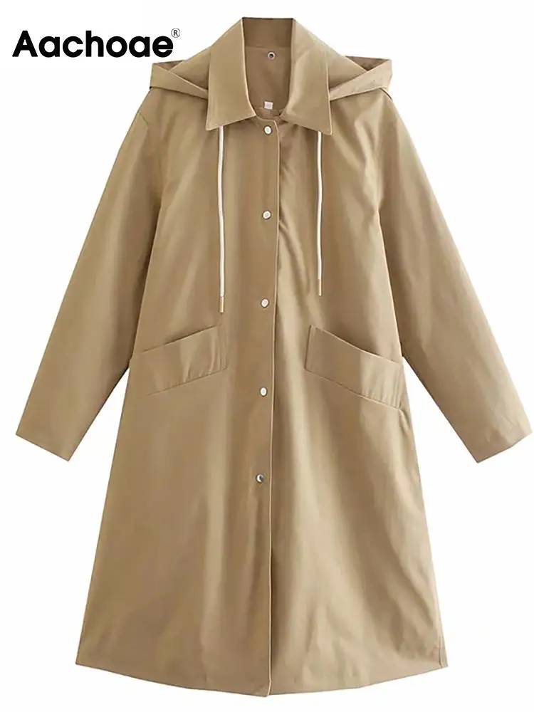

Aachoae Autumn Winter Women Solid Color Hooded Long Trench Single Breasted Long Sleeve Coats With Pockets Casual Outwear