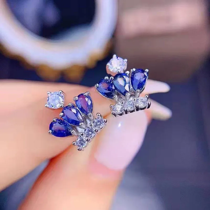 Женские серьги-гвоздики в виде короны с синими кристаллами | Украшения и