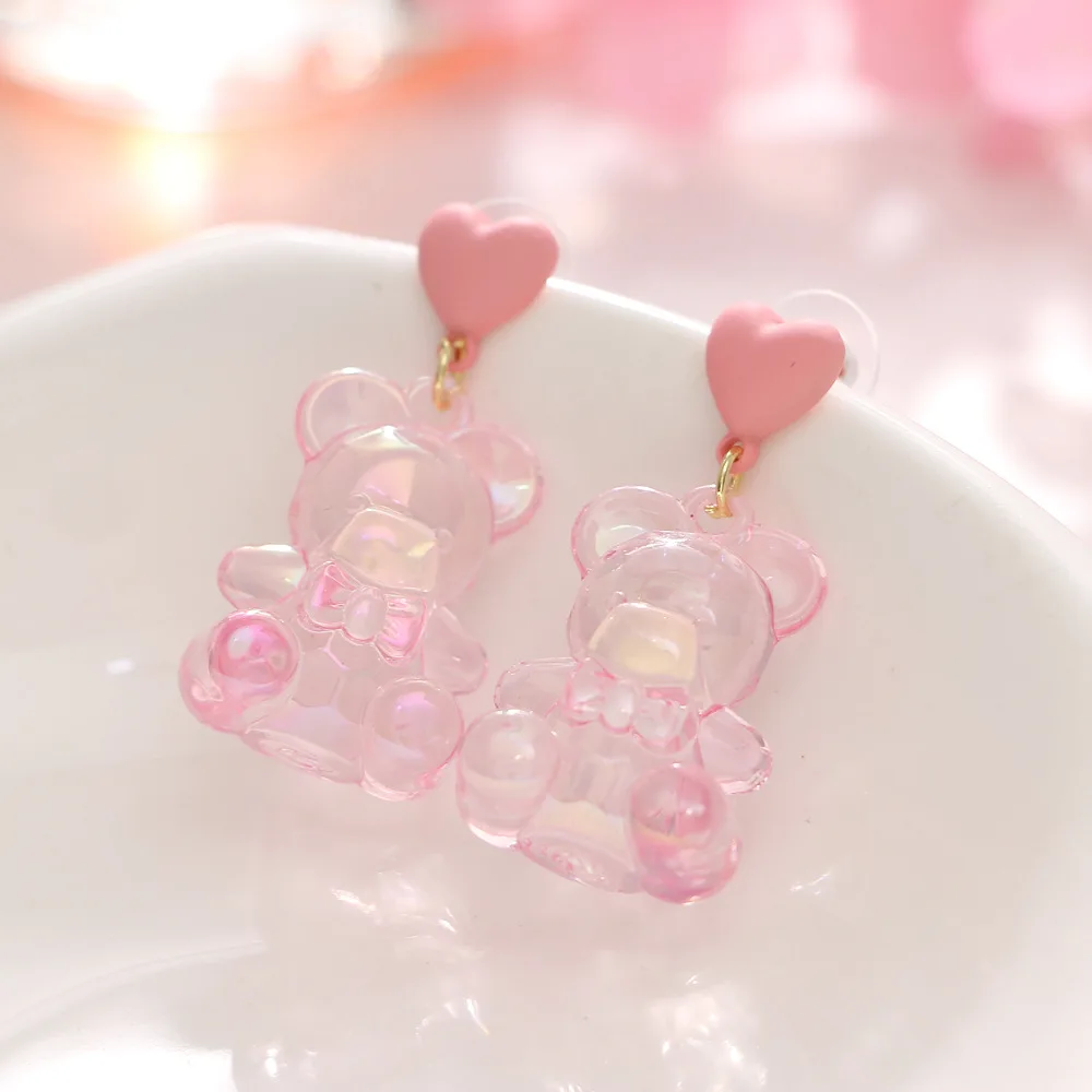 

Creative Cute Candy Colorful Animal Gummy Bear Earrings Minimalism Cartoon Heart Jewelry Kids Gift