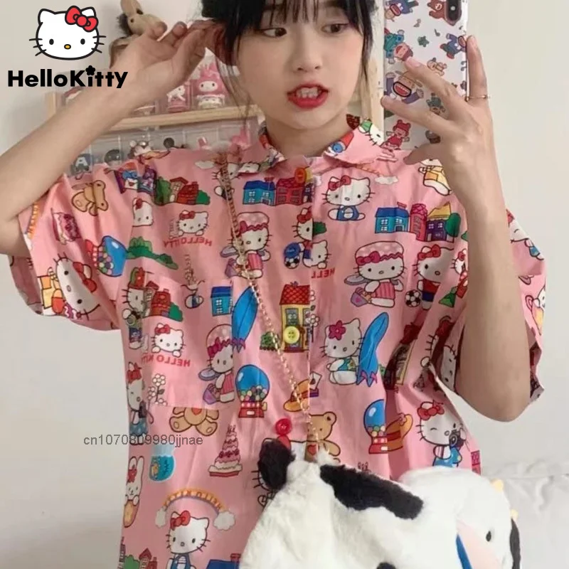 Hello Kitty Summer New Fashion Kawaii Cartoon Blouse Women Casual Leisure Button Up Shirt Cute Y2k Girl Streetwear Harajuku Tops