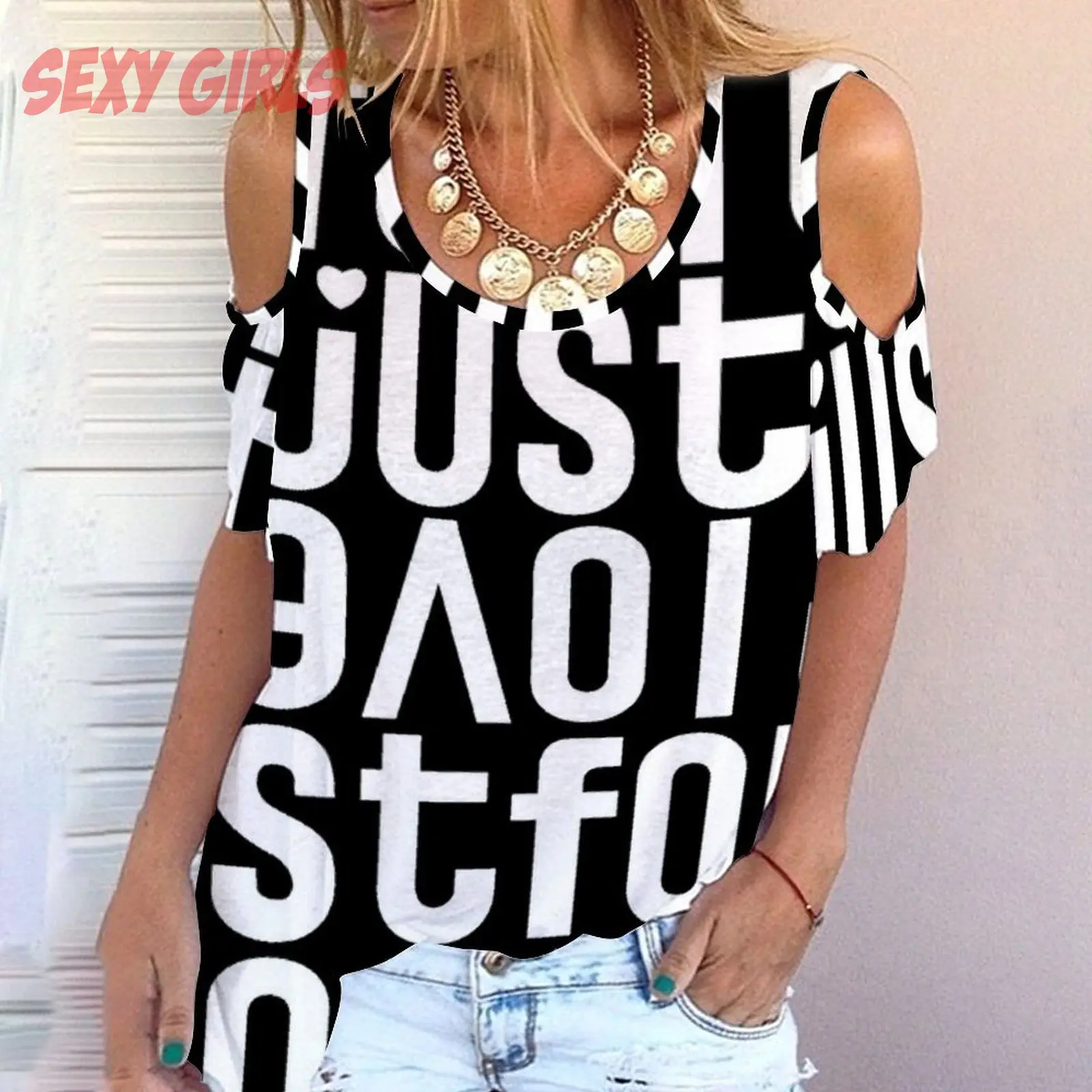 

Ladies T-shirt Summer trend Sleeve Loose T-shirt Fashion oversized top sexy off shoulder strap Fashion Sexy Oversized Tees