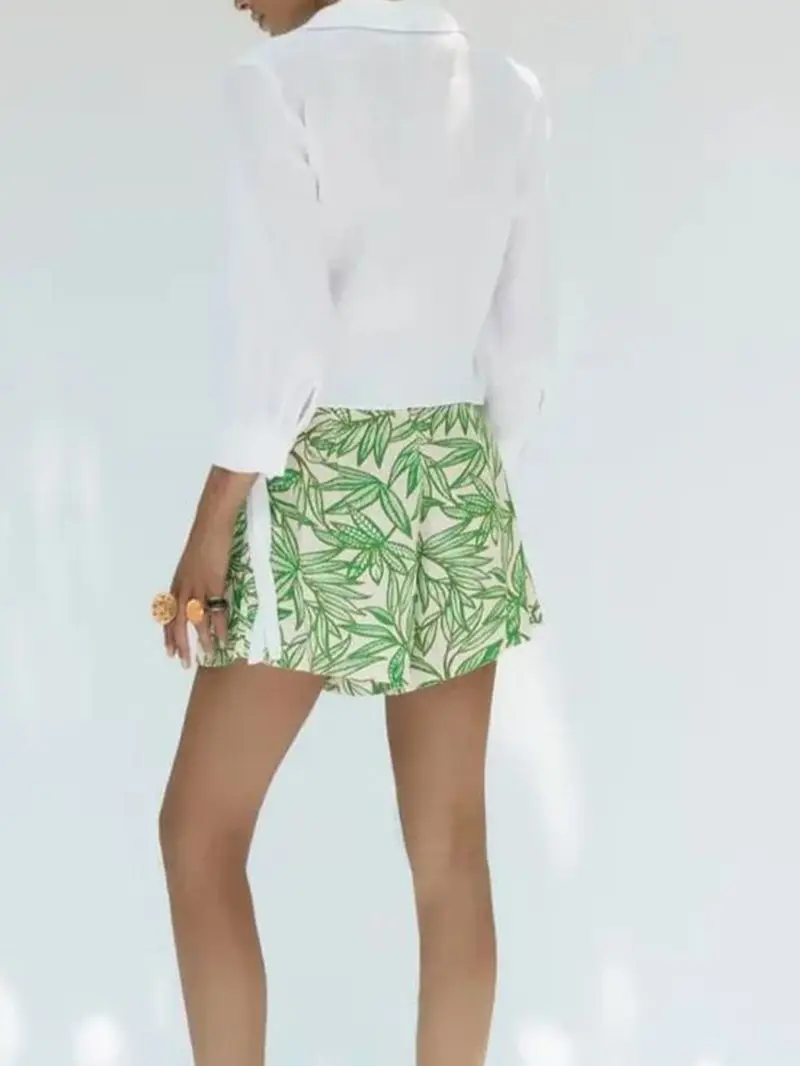 Summer Women's Green Printed High-waisted All-in-one Pocket Design Pleated Decorative Casual Wide-leg Shorts Holiday Style