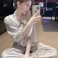 2022 spring new solid color comfortable ice silk pajamas women light luxury sexy thin long sleeved home suit boutiquesimplestyle