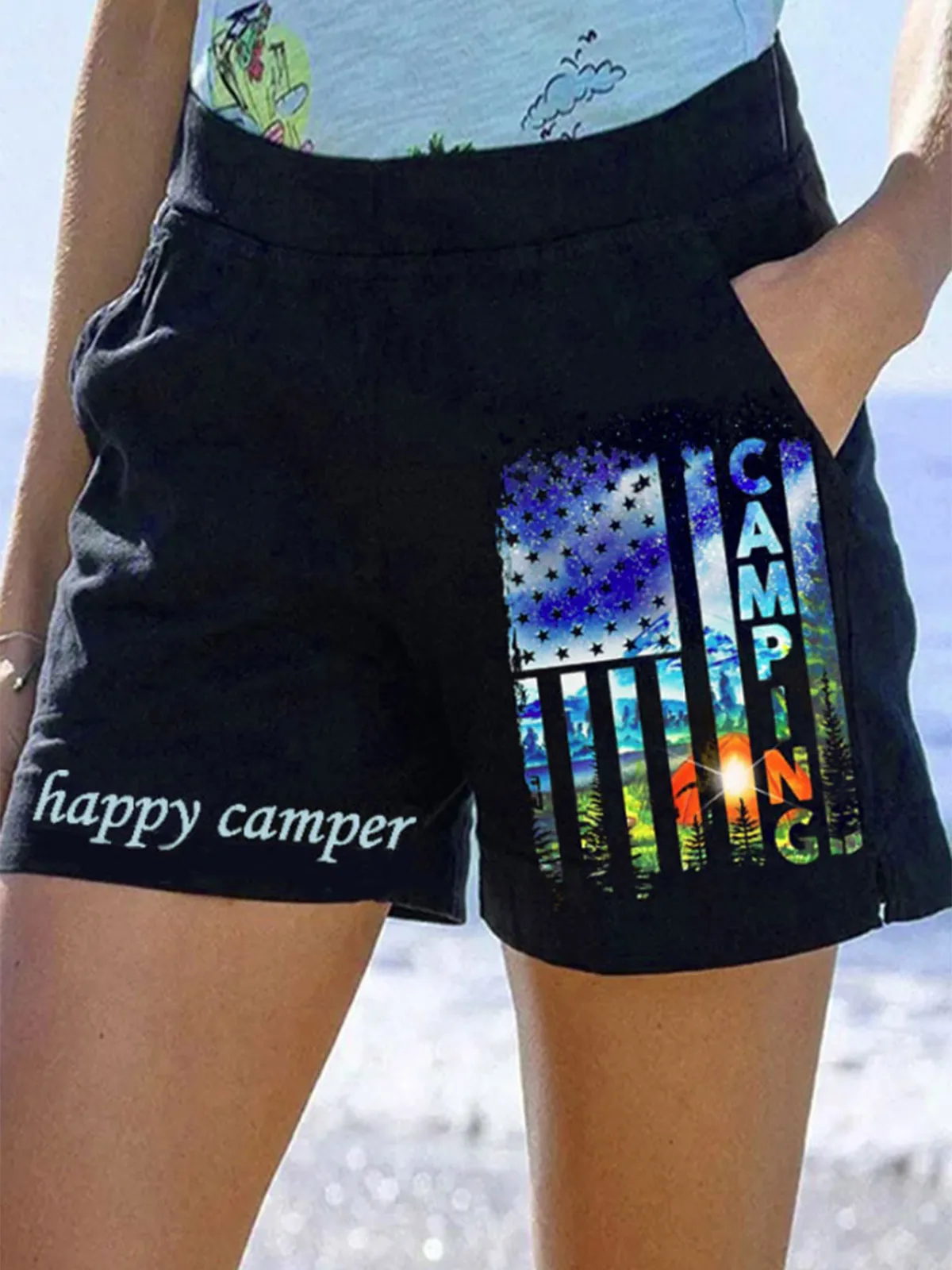 Summer American Flag Pocket Shorts Women Breathable Letter Print Camper Basketball Running Shorts High Street Loose Pants Unisex