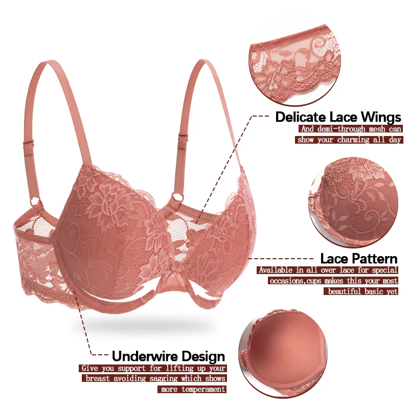 WingsLove Women's Beauty Lace Bras Push Up Underwired Women Bra Adjustable Straps Padded Bralette Top Sexy Lace Lingerie Women