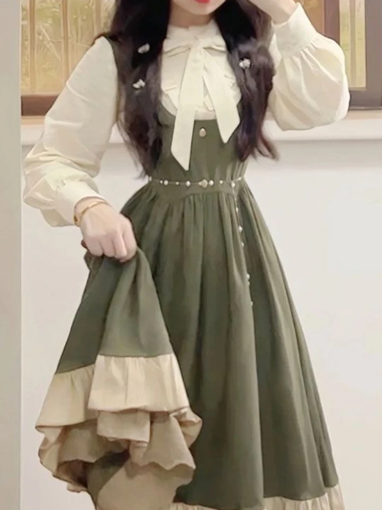 Фото 2025 Новое японское корейское платье Kawaii Preppy Lolita с дизайном на бретелях + модная студенческая милая рубашка с галстуком-бабочкой, комплекты из двух предметов №3