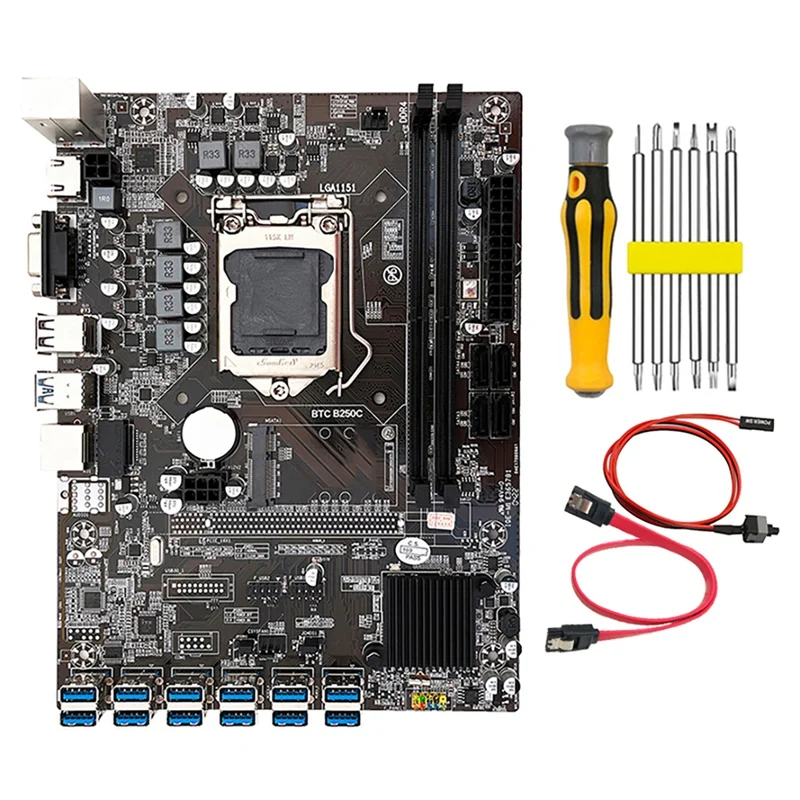 

NEW-B250C BTC Mining Motherboard With Switch Cable+SATA Cable+Screwdriver 12 USB3.0 Slots LGA1151 DDR4 RAM SATA3.0 VGA MSATA