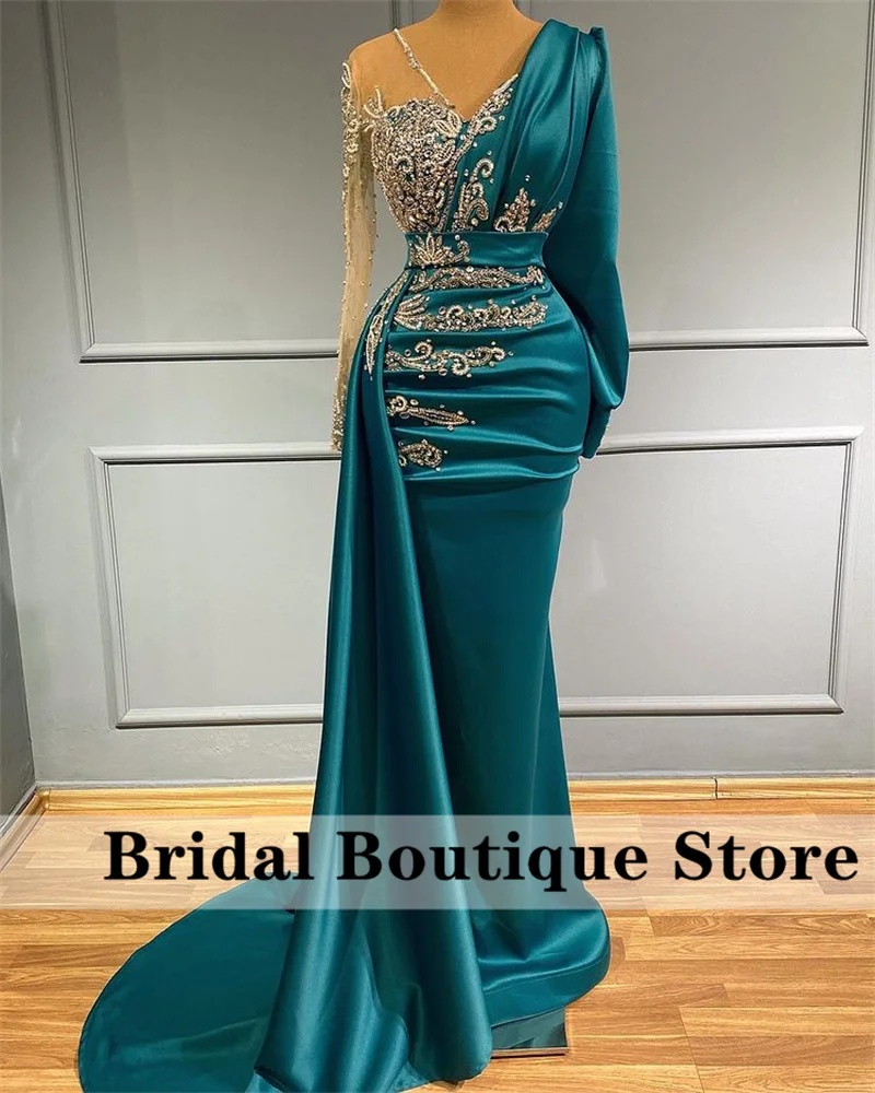 

Charming Beads Crystal Muslim Evening Gowns Long Sleeve Pearls Lace Mermaid Prom Dresses Wedding Party Gowns Robes De Soirée