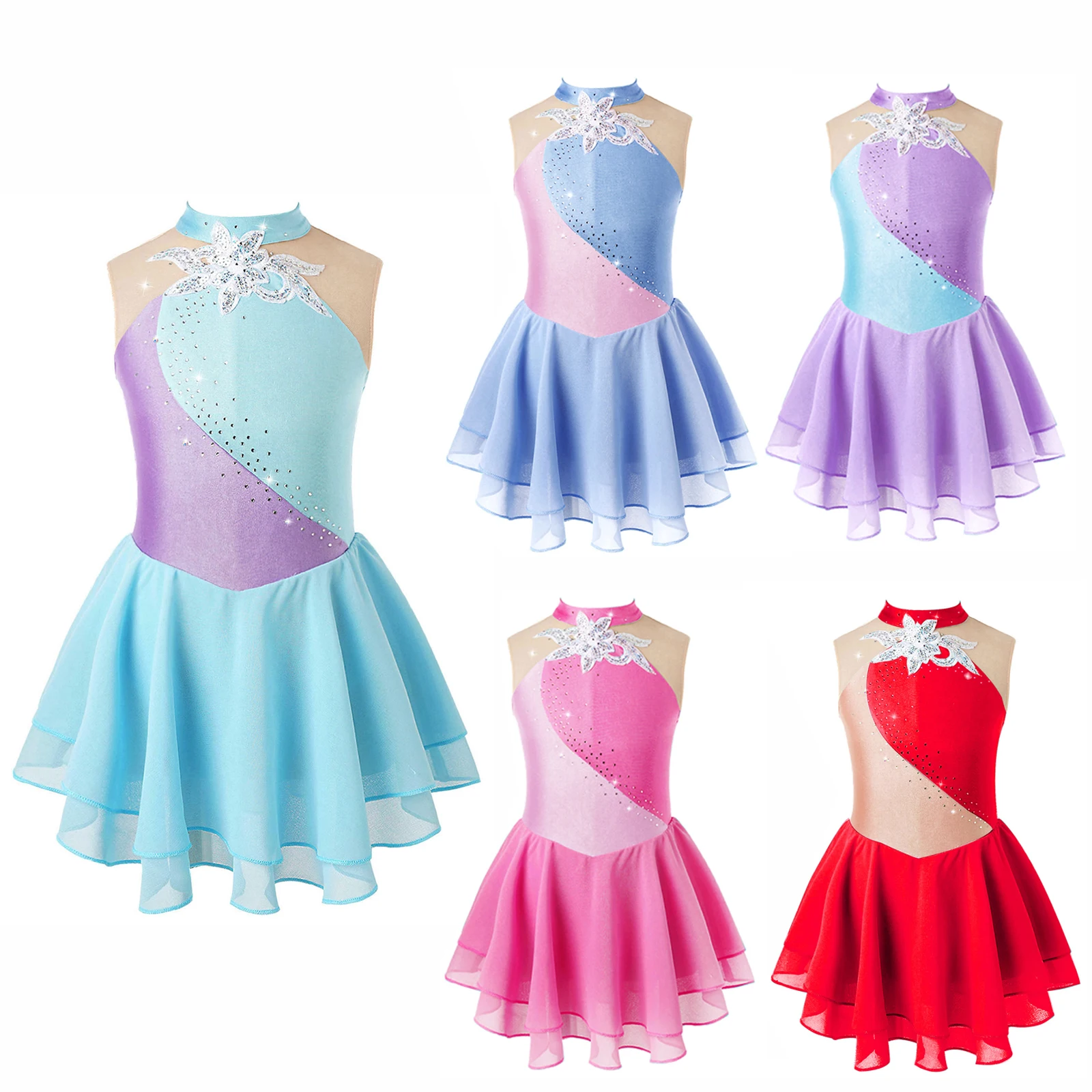 

Kids Girls Ballet Dance Gymnastics Leotard Dress Sleeveless Shiny Sequins Figure Ice Skating Dress Performance Costume Dancewear
