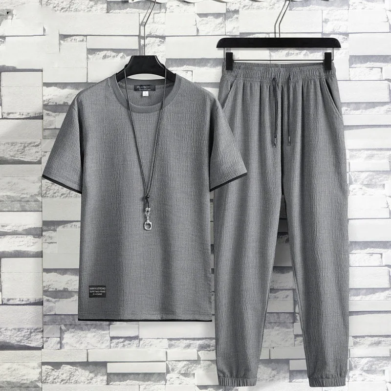 2023 Summer Ice Silk Short Sleeve T-shirt Men Leisure Set Men's Clothing Suit with Handsome Clothes Two-Piece Suit