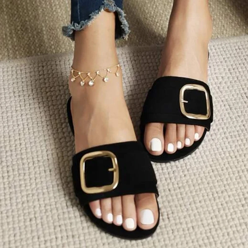 2023 Minimalist Buckle Detail Slide Sandals Women Summer Non-slip Outdoor Beach Sexy Female Sandals Fashion Black Woman Slippers
