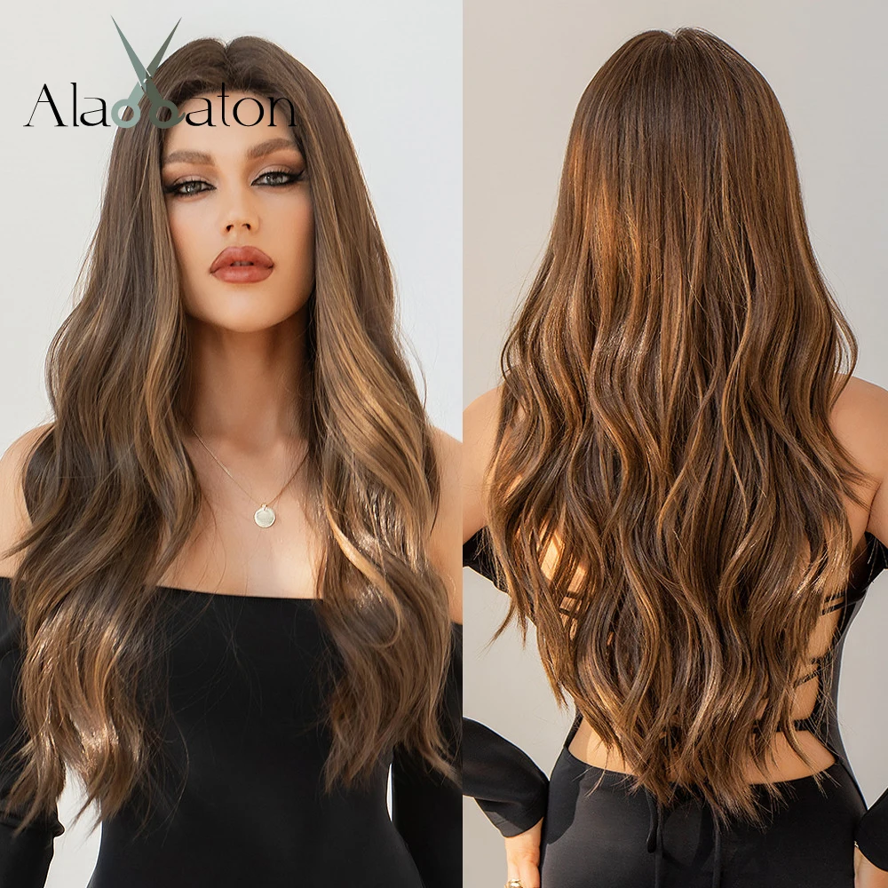

ALAN EATON Long Body Wave Synthetic Lace Front Wigs 13x1 Natural Middle Parting Honey Brown Lace Part Wig for Women Daily Use