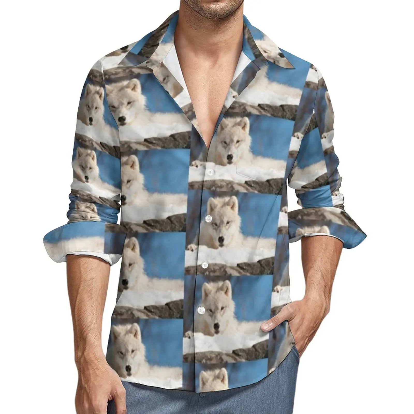 

Arctic Animal Shirt Wolf Pup Print Casual Shirts Long Sleeve Pattern Harajuku Blouses Spring Trending Oversize Clothes
