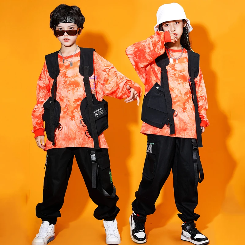 

New Girls Boys Jazz Clothing Kids Hip Hop Dance CLothes Orange Top Vest Jogger Pants Hiphop Performance Dance Costumes SL7231