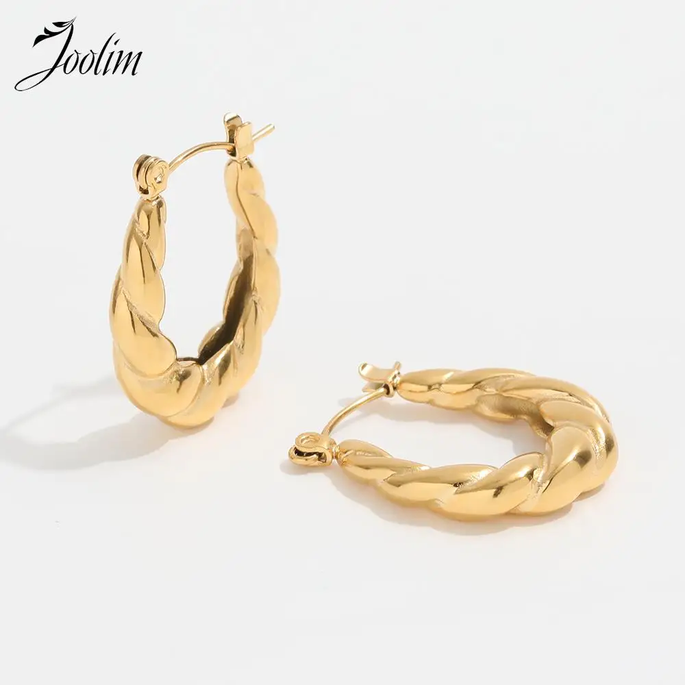 

Joolim Jewelry High Quality 18K PVD Plated Fashion Dainty Permanent Twisted Croissant Hoop Stainless Steel Earring for Women