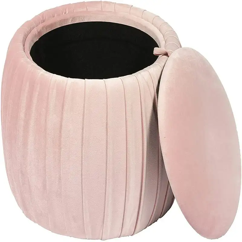 

Pink Velvet Large Round Ottoman Pouf with Storage, Toy Chest Footrest Stool Jewelry box Organizers storage Trolley cart Storag