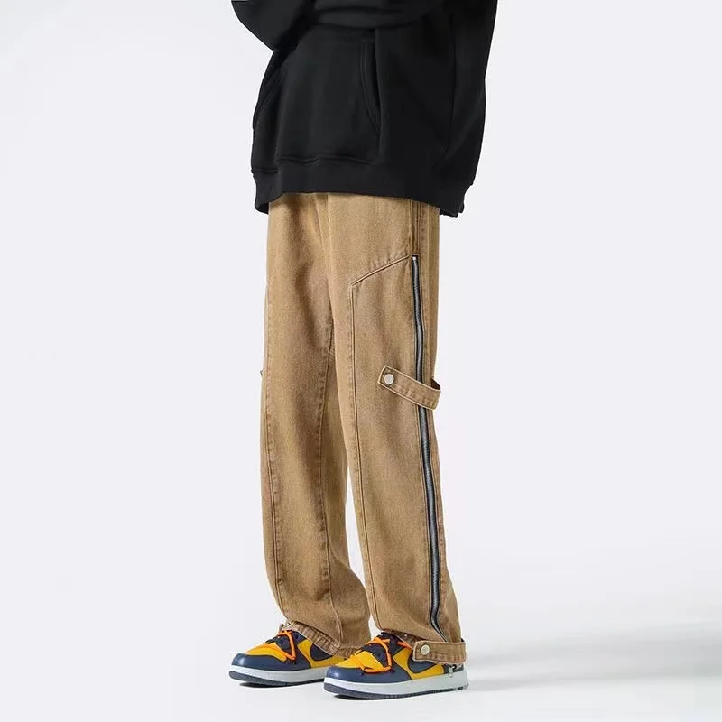 

2022 Мужские Винтажные прямые уличные брюки, модные трендовые свободные джинсы с потертостями, Длинные повседневные брюки с широкими штанинами и разрезом на молнии