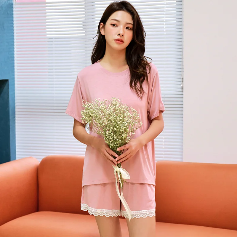 Pajamas for Women's Summer Fashionable Thin Short-sleeved Shorts Cool Feeling Home Suit Can Be Worn Outside Suit Lace Decoration