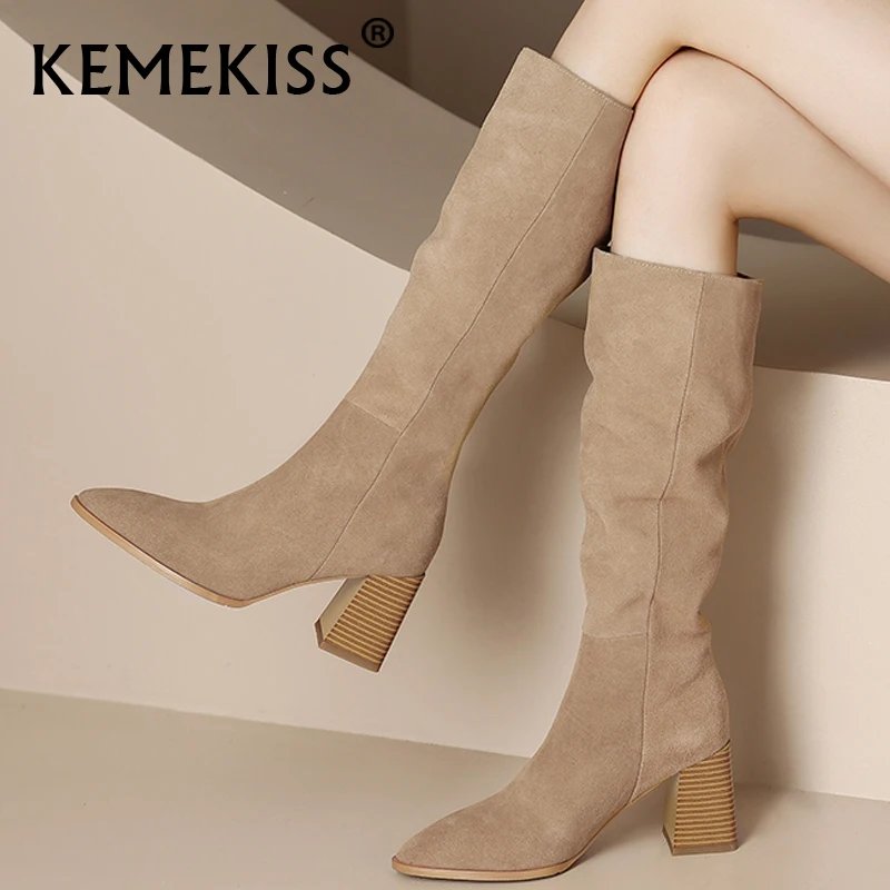 

KemeKiss New Women High Heel Boots Real Leather Ins Square Heel Shoes Woman Winter Fashion Party Knee Boots Footwear Size 34-40