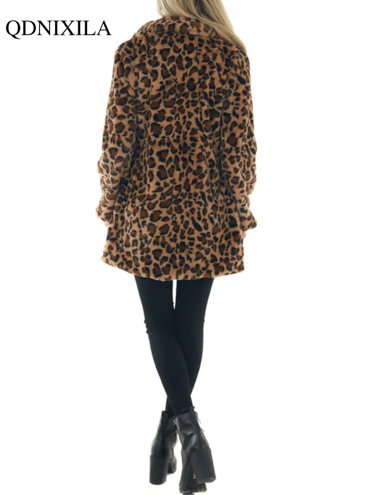 2023 Autumer Winter Coat Women Leopard Print Cardigan Jacket Coat Leather Fur Outfits Female Clothing Warm Furry Blouse Outwear