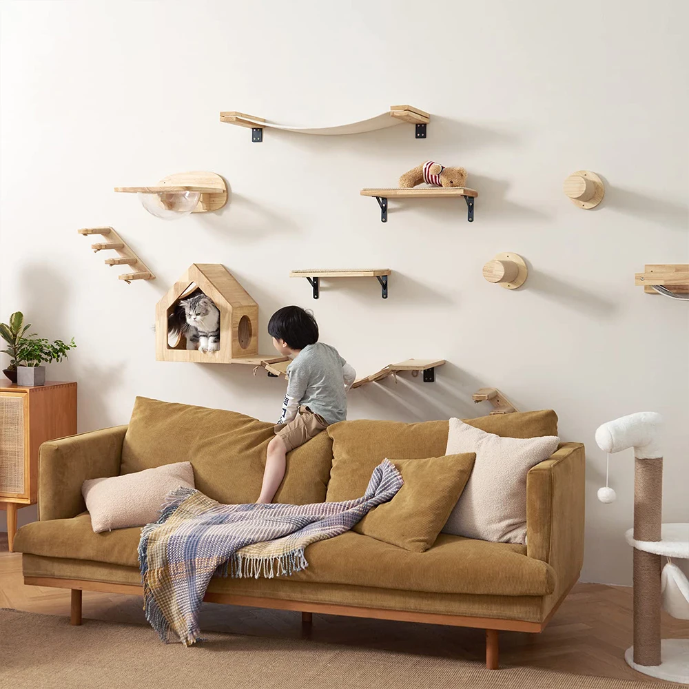 

Cat Wall Furniture Floating Wall Shelf With Cat Scratching Post Climbing Perches Hammock Wall Steps For Sleeping Playing Rest