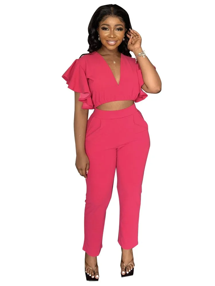

Crop Tops 2 Piece Set Women High Waist Pockets Pant Suit Matching Sets 2022 Summer New Fashion Solid Street Style Casual Outfits